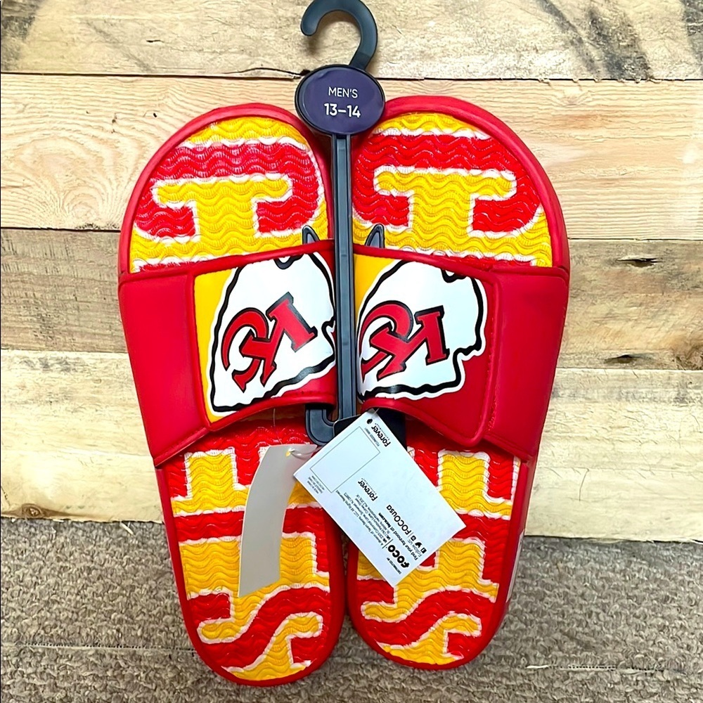 NFL KC Chiefs size XL (13-14) Red and Yellow Slide Sandals with Velcro Top
